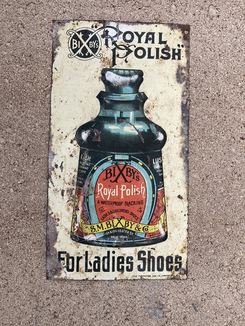 Vintage BIXBY'S ROYAL POLISH for Ladies Shoes Embossed Tin Advertising Sign