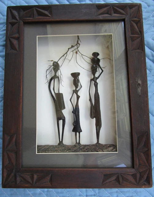 Vintage Makonde Ebony Wood African Tribal Carving Framed Shadow Box Tanzania