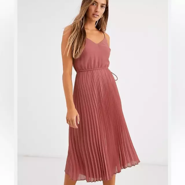 ASOS pleated cami midi dress with drawstring waist in dark pink women’s 6