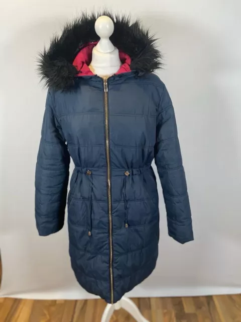 Reversible Puffer Coat 14 Navy Pink Faux Fur Trim Polyester Long Length Womens