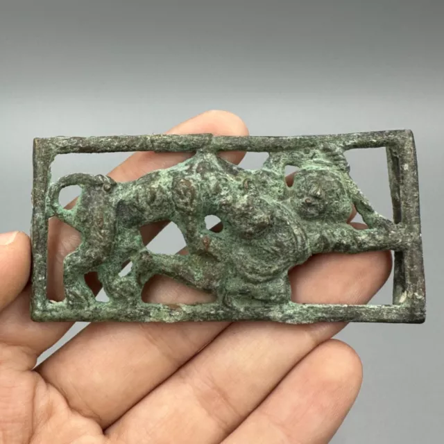 Authentic Ancient Roman Bronze Belt Buckle With Animal Attacking Human Image