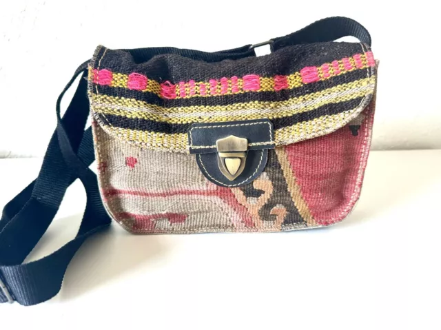 Kilim Design Cross Body Handbag - Unique & Handmade Leather Sides & Gusset Light