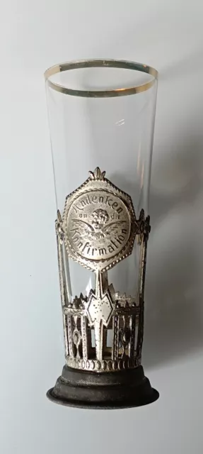 Historismus Jugendstil Glas Andenken an die Konfirmation Metallmontur verm. 1900