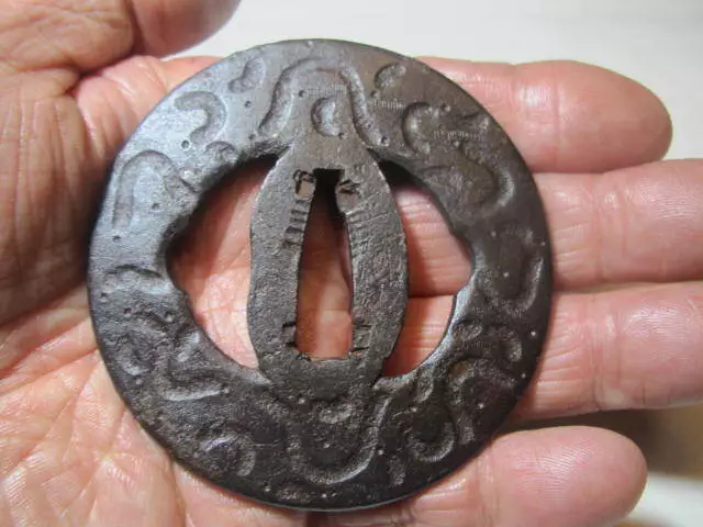 Tsuba     Superior iron brass A 050 round shape Masa Amizu Worm eaten figure T