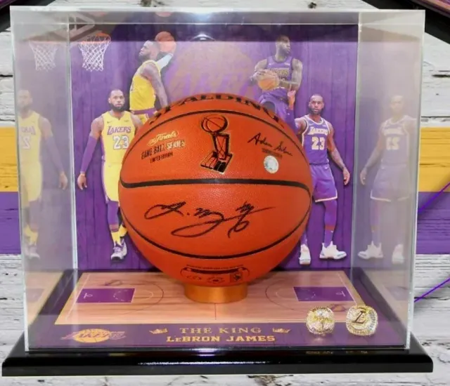 LeBron James Signed Basketball with 2 x Replica Lakers Championship Rings
