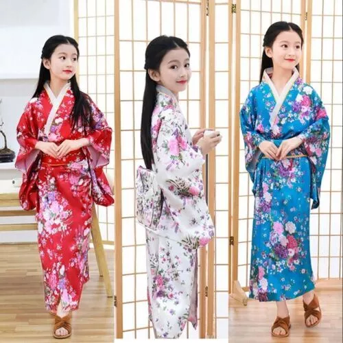Kids Japanese Printed Sakura Gils Kimono Bathrobe Yukata Haori Obi Dress Robe