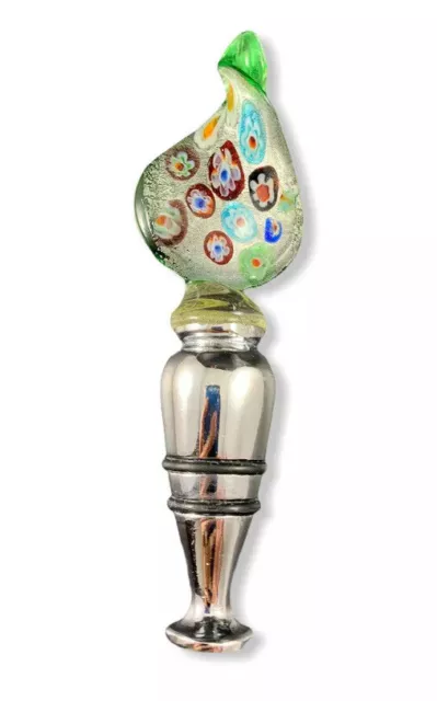 Wine Bottle Stainless Steel Stopper "Millefiori” Colorful Art Glass Topper 5”L