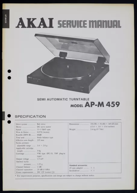 Original AKAI AP-M459 Turntable Service Manual/Diagram/Parts List o159