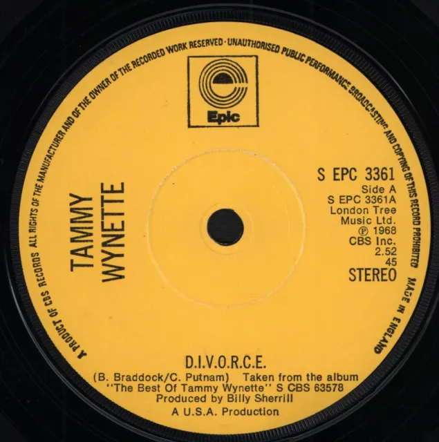 Tammy Wynette D.i.v.o.r.c.e. 7" vinyl UK Epic 1968 solid centre label SEPC3361