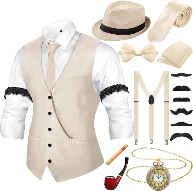 Costume Complet Homme Années 20 / Gangster - Gilet, Chapeau Fédora, Nœud Papillon, Montre De Poche, Fausse Barbe... (Taille S, Rayé Noir/Blanc) - 7
