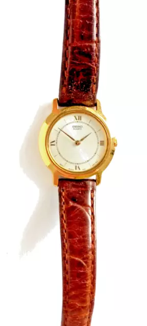 Womens Seiko Quartz Watch - Gold Tone Case - Brown Leather Band - Very Good Cond