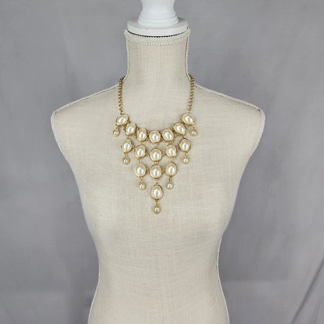 Costume Gold Tone Ivory Bubble Faceted Bib Chain Necklace 21" VTG