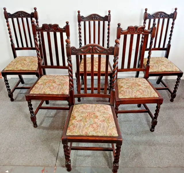 Set of 6 Antique Oak Dining Chair High Back Spiral Leg