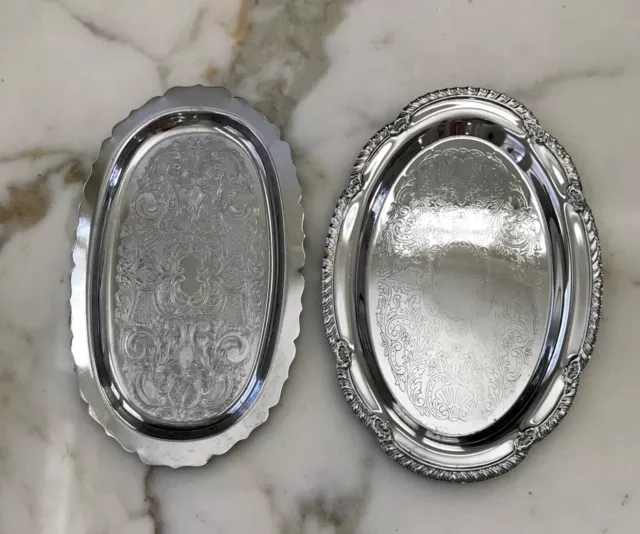 Small Vintage Oval Silver Plated Scalloped Rimmed Serving Trays