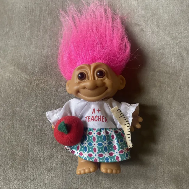 Russ Troll Doll A+ Teacher, Pink Hair, Ruler Apple Outfit Vintage 1980s