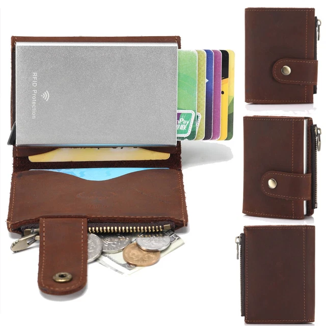Men Wallet Cowhide Genuine Leather RFID Trifold Card Purse with Coin Zip Pocket