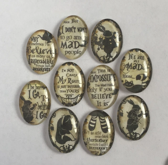 10 Alice im Wunderland Glas Cabochons oval 25 mm x 18 mm Vintage gealterte Bilder