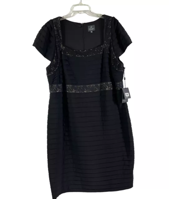 New Adrianna Papell black cap sleeve lace inset tiered pleat cocktail dress 22W