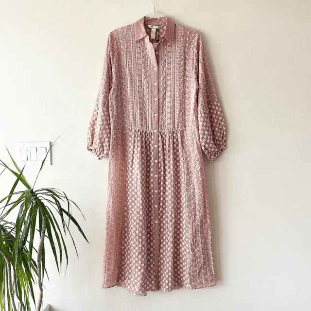 Zara Embroidered Floral Button Down Collared Oversized Midi Dress