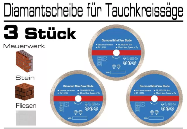 3 x Mini Diamant Trennscheiben Ø 85mm x 10mm Für Tauchkreissäge Handkreissäge TS