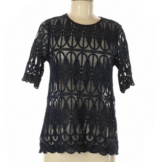 Anthropologie En Elle Women’s Lace Navy Blue Blouse Size 6