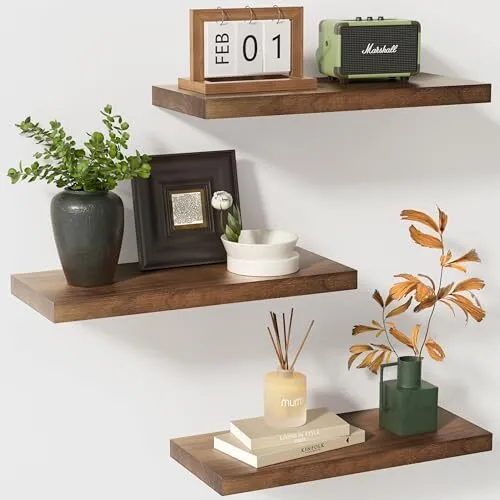 Rustic Wood Floating Shelves Set of 3, Solid Wood Wall Mounted 17inch Walnut
