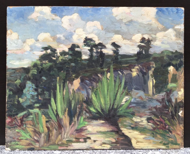 Tableau Ancien Huile Paysage Feuillages Arbres Ciel Nuages Début XXe
