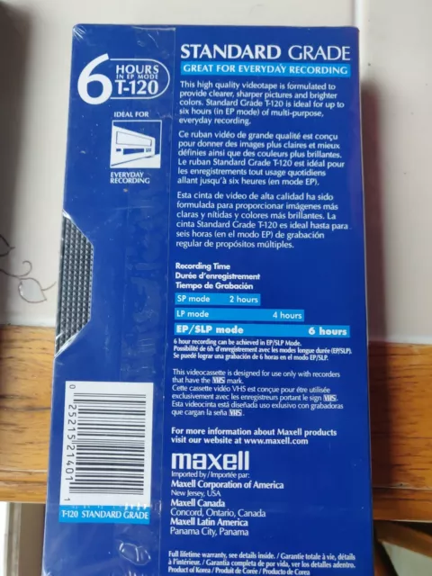 Cassette vidéo Maxwell standard grade 6 heures T-120 VHS magnétoscope vierge neuve 2