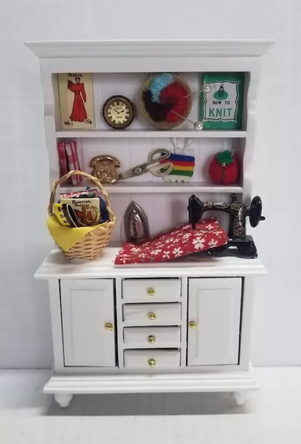 Miniature Artisan Dollhouse Diorama 1:12 Scale Sewing Cabinet Hutch White OOAK 2