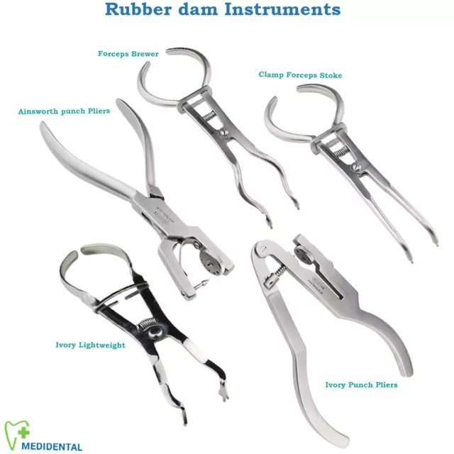 Endodontique Instruments Ivoire Légères Ainsworth Cadres Set Rubber Digue Pinces