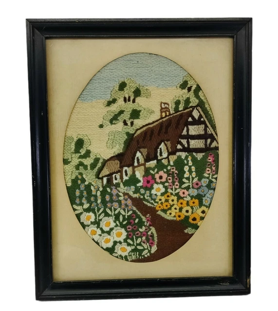 Crewel Bordado Floral Cottage Jardín Adornado Enmarcado Abuela Hecho a Mano ¡LEER!¡!