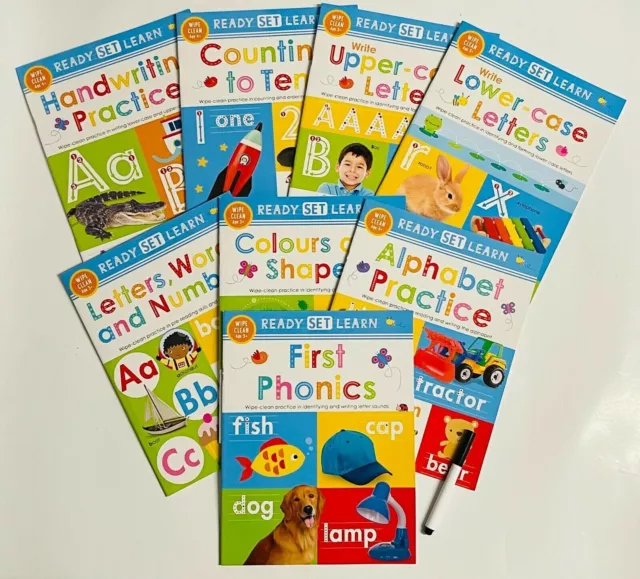 Wipe Clean Workbooks Letters Numbers Phonics Pack of 8 Book Kids Age 3-5year New