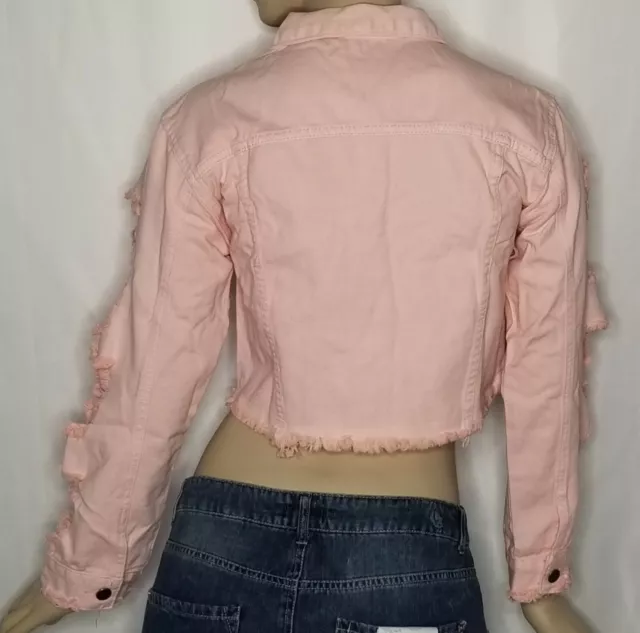 Hot & Delicious Pink Ripped & Distressed Cropped Denim Jean Jacket Size L 3