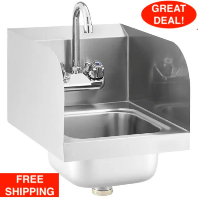 12" x 16" Wall Mounted Commercial Hand Sink w/ Gooseneck Faucet & Side Splashes