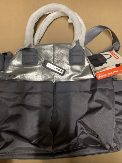 Skip Hop Chelsea Downtown chic satchel grey Diaper bag Metallic Stroller Bag