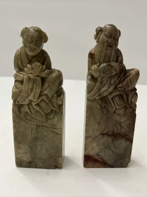 RARE ANTIQUE CHINESE SOAPSTONE Hand Carved Couple Figurines Man And Woman 4.5”