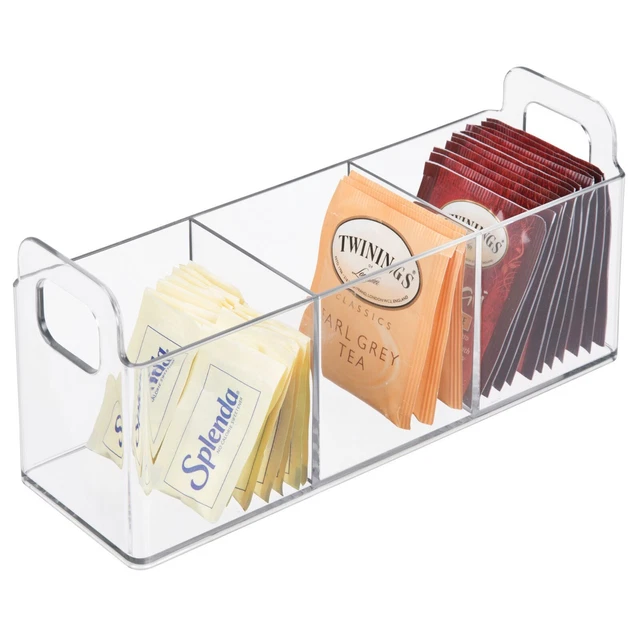 Organizador de cocina mDesign con asas - caja de té con 3 compartimentos - transparente