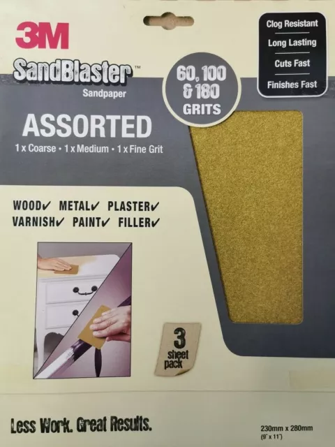 Hojas de papel de lija 3M Sandblaster con granos surtidos, 3 hojas de alto rendimiento