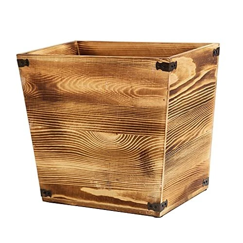 Grey Farmhouse Style Torched Wood Trash Can Waste Bin with Decorative Metal