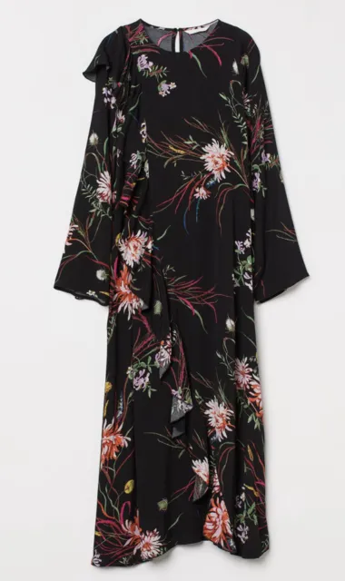 H&H Black Print Maxi Midi Long  Floral Print Flounce Dress Size M Bnwt