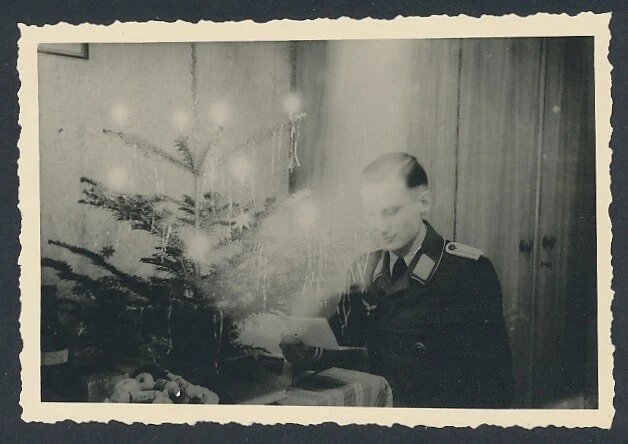 Fotografie 2.WK, Kriegsweihnachten, Leutnant der Luftwaffe nebst Weihnachtsbaum