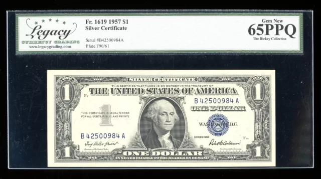 DBR 1957 Silver Gem Fr. 1619 BA Block Legacy 65 PPQ Serial B42500984A