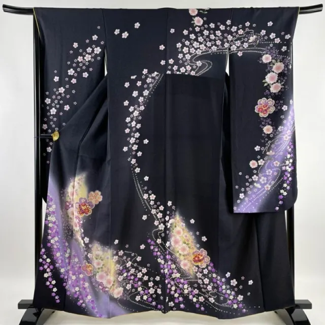 Woman Japanese Kimono Furisode Silk Bell Cherry Blossom Gold Thread Foil Black