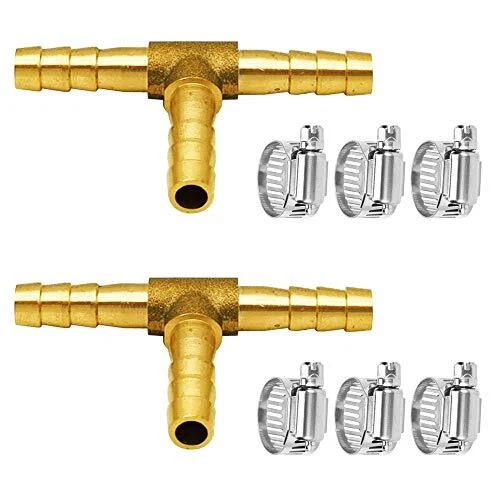 2 pcs 1/4" Brass Tee Barb Fittings,6 pcs Stainless Steel Pipe Clamps,3 Way Union