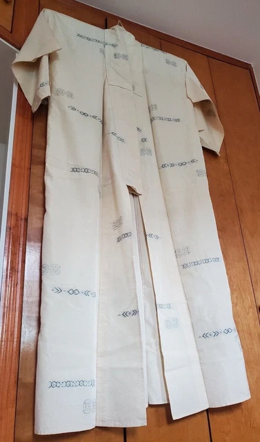 Tsumugi Hitoe Unlined Silk Kimono in Yellow/Beige with Stains for Tall Women