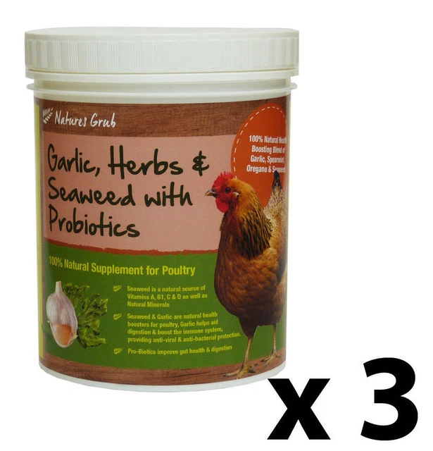 3 x Natures Grub Garlic, Herbs & Seaweed + Probiotics 300g, Chicken Supplement