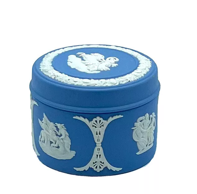 Wedgwood Blue Jasperware Lidded Trinket Box Round Shaped - made in England