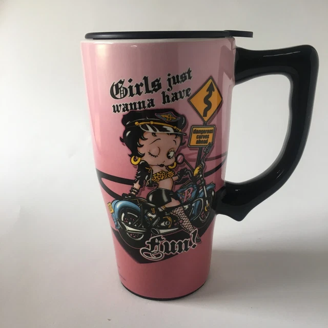 Betty Boop 2007 Ceramic Travel Mug With Lid "Girls Just Wanna Have Fun" 6" Tall