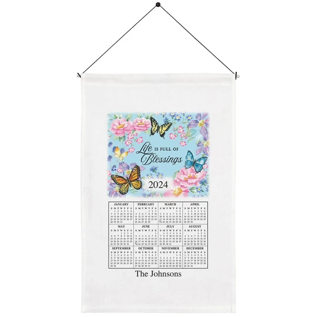 PERSONALIZED 2024 CALENDAR Wall Towel Linen BUTTERFLYS 23" L x 15" W