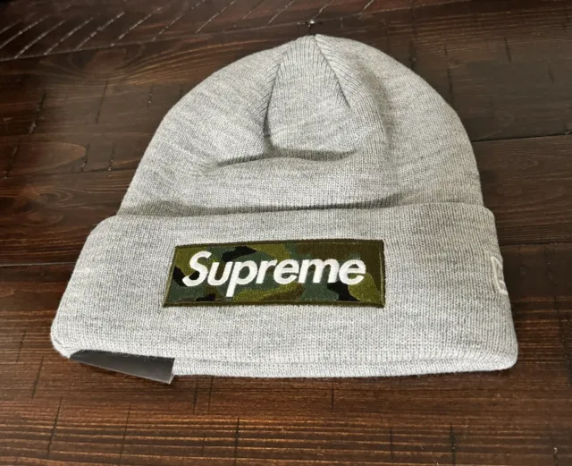 Supreme New Era Box Logo Beanie Heather Grey Camo FW23